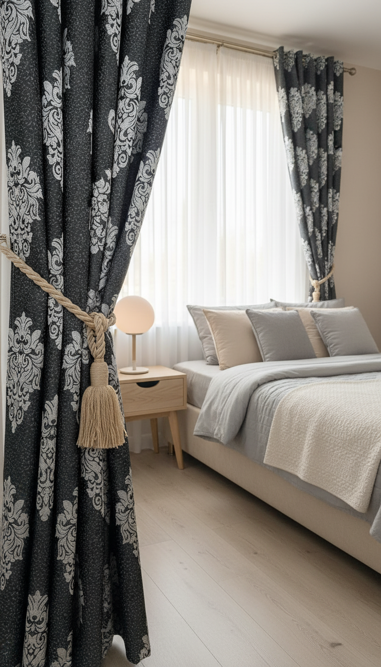 Draperie tafta negru antracit cu model baroc argintiu – Draperie Baroc 04