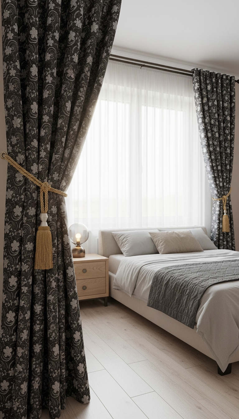 Draperie tafta negru antracit cu model floral argintiu – Draperie Flor 04