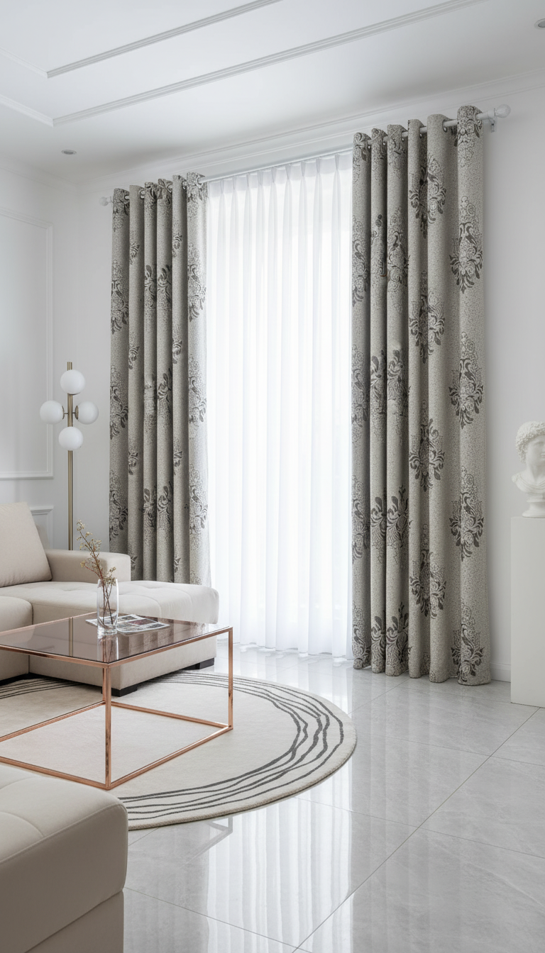 Draperie tafta gri perlat cu model baroc – Draperie Baroc 03