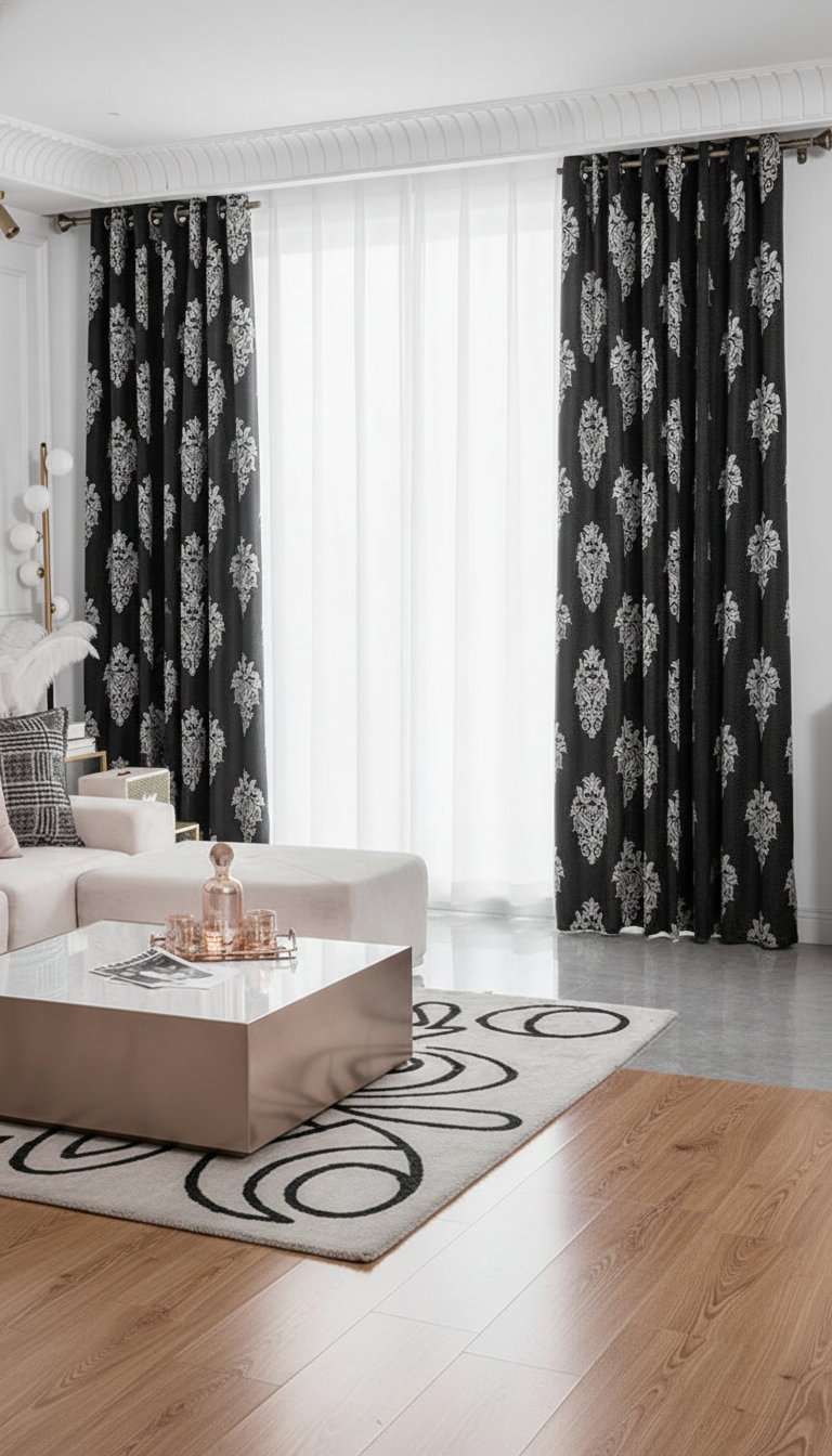 Draperie tafta negru antracit cu model baroc argintiu – Draperie Baroc 04