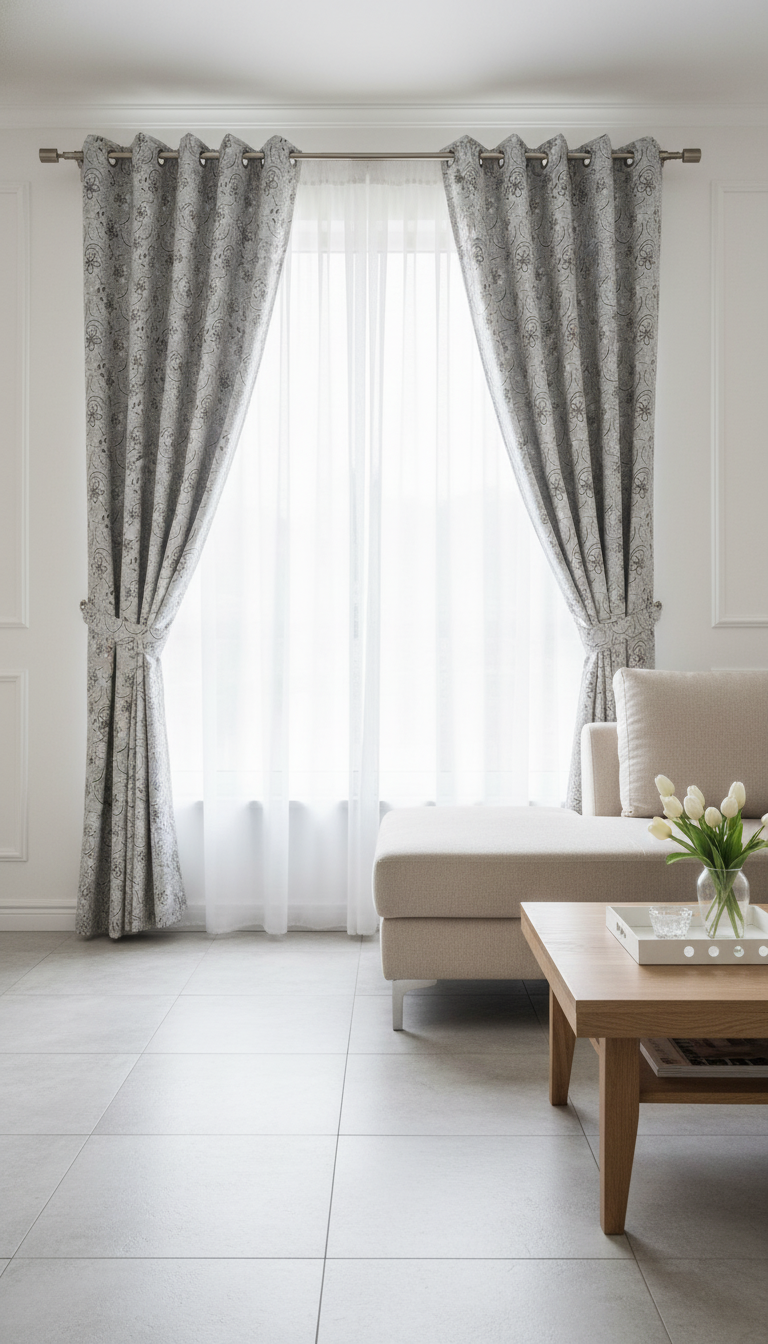 Draperie tafta gri perlat cu model floral colorat – Draperie Flor 03