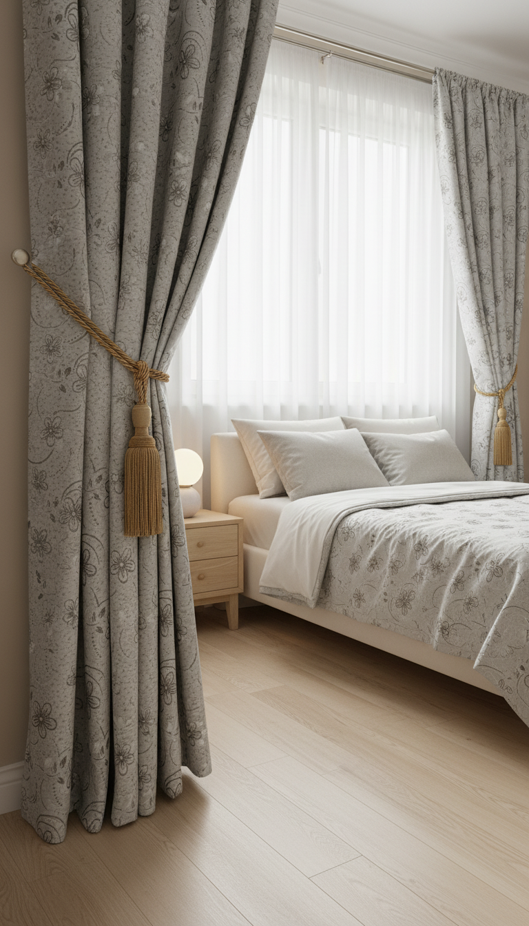 Draperie tafta gri perlat cu model floral colorat – Draperie Flor 03